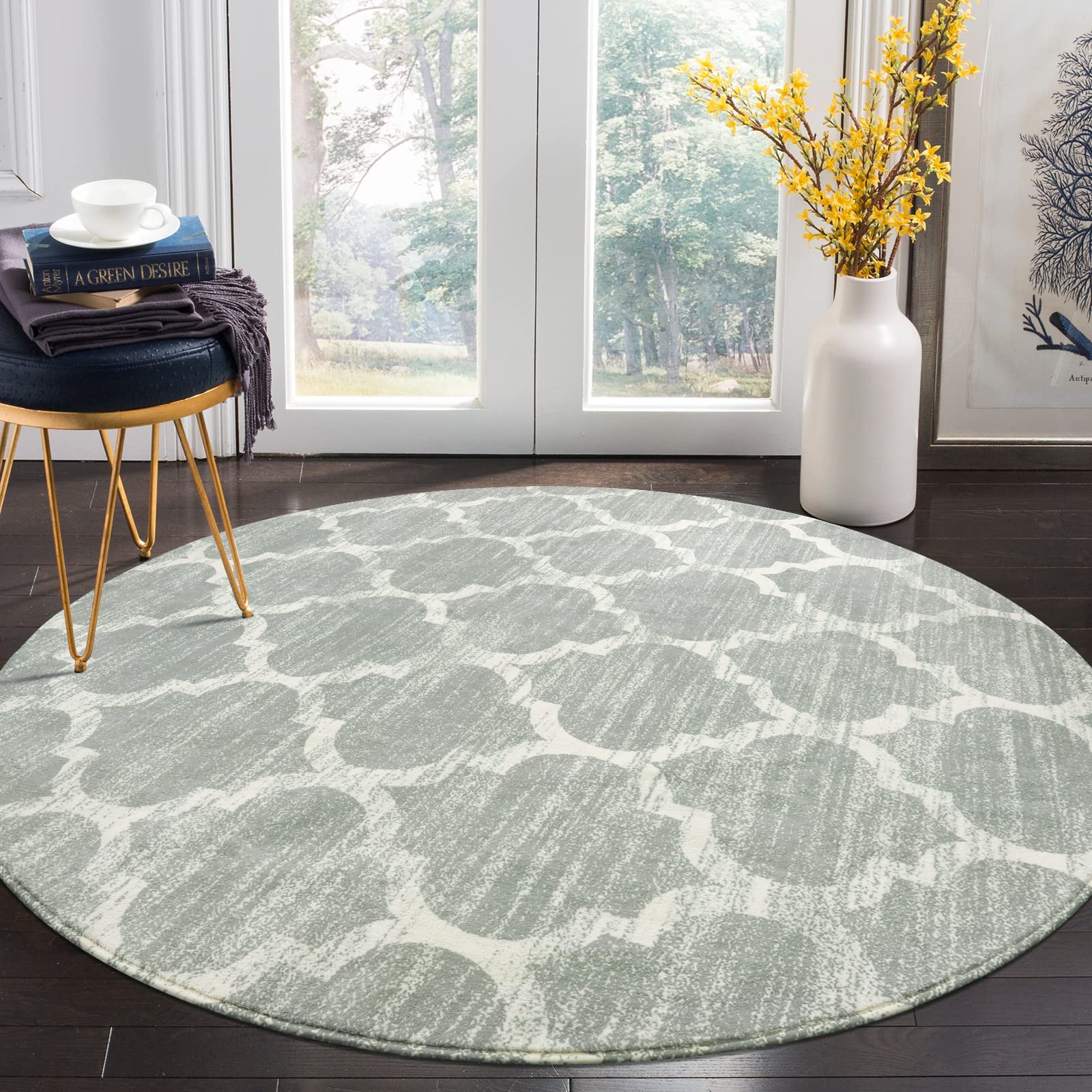 Photo 1 of Lahome Moroccan Round Rugs - 6ft Washable Round Area Rugs for Living Room Grey Non-Slip Throw Dining Room Rug Bedroom Large Office Circle Soft Low-Pile Indoor Round Carpet for Kitchen Entryway
