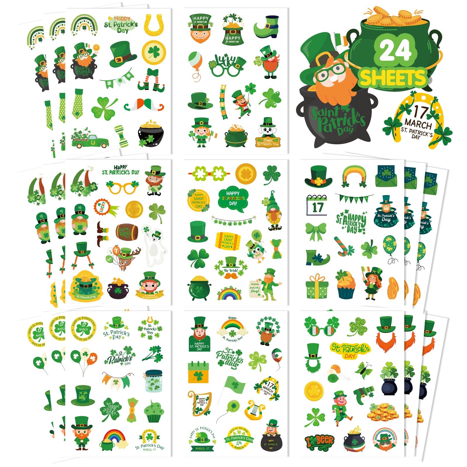 484 PCS St. Patrick’s Day Stickers, Irish Day Stickers for Kids Shamrock Leprechaun Clover Hat Irish Day Themed Party Holiday Stickers for St. Patrick’s Day Party Favors Accessories Decorations