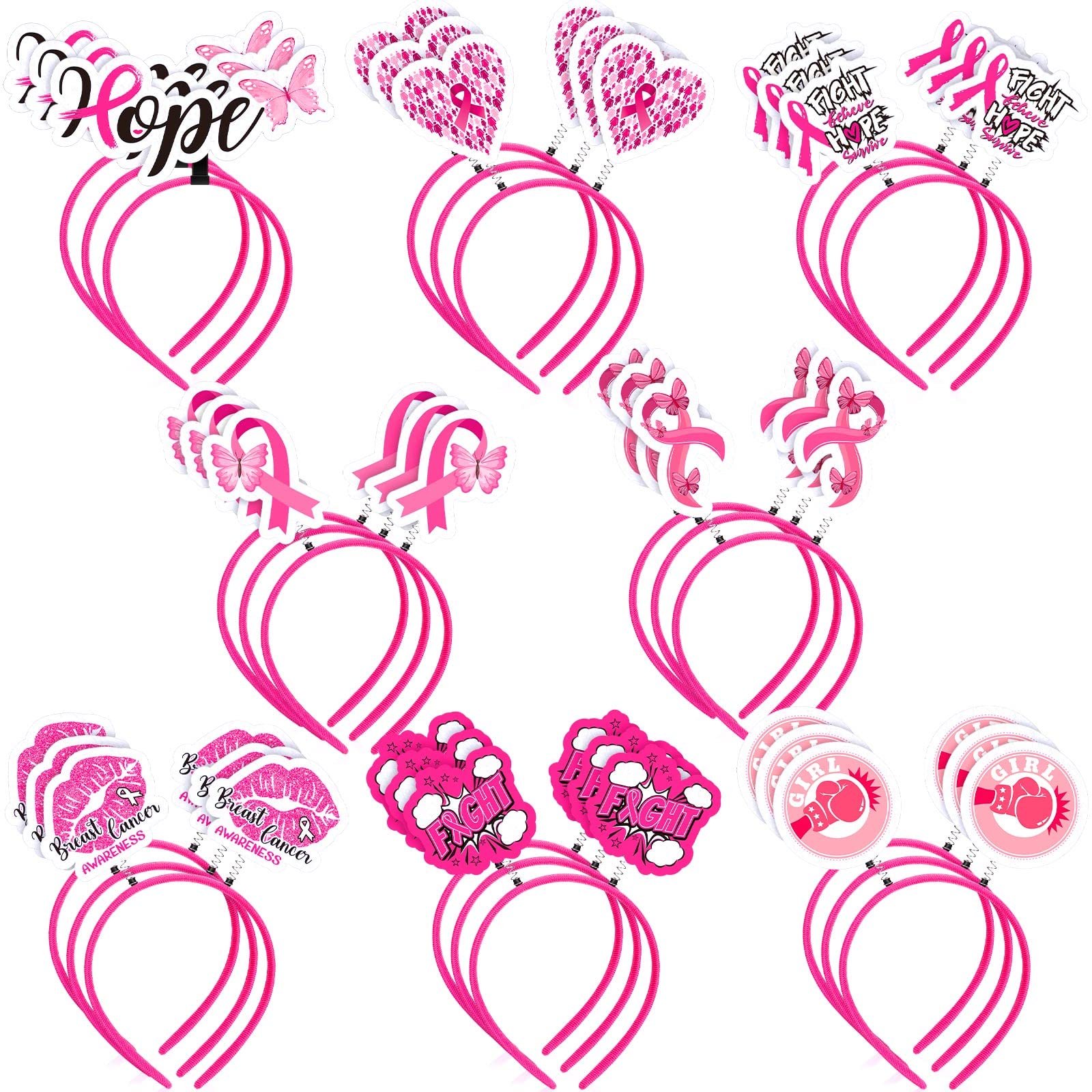 Photo 1 of Tigeen 24 Pieces Breast Cancer Awareness Headband Pink Ribbon Head Bopper Pink Hair Accessories with 8 Different Designs for Breast Cancer Awareness Month Public Welfare Activities Party Favors