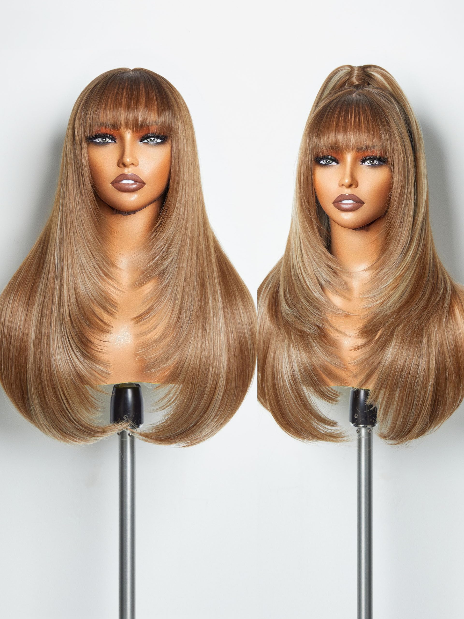 Photo 1 of GORGIUS Highlight Straight Layered Wigs with Bangs Glueless Light Brown with Blond Highlights 22 Inch Wigs Crafted with Style-Archive Premium Fiber Natural Hairline