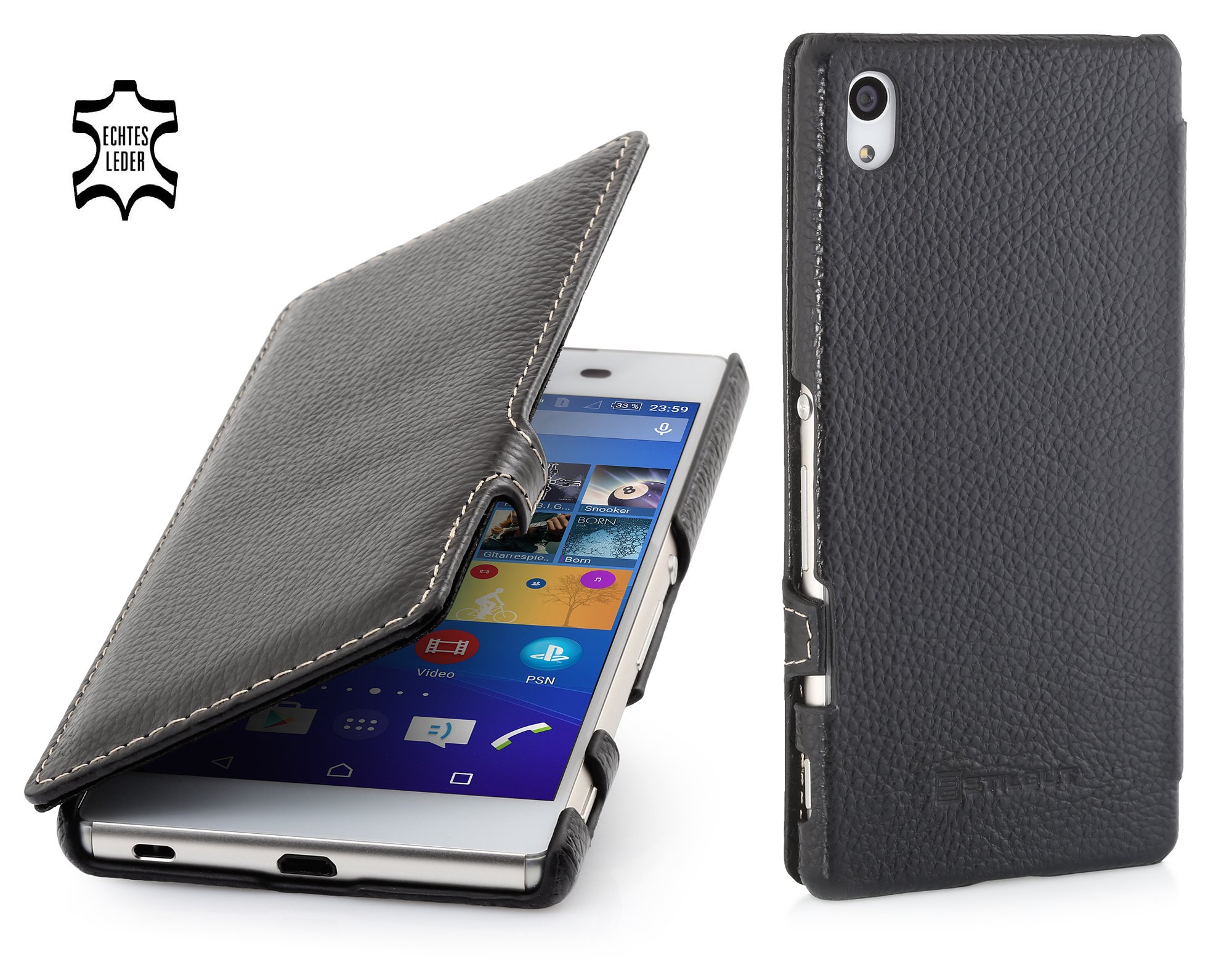 StilGut Book Type with Clip, Genuine Leather Case, Cover for Sony Xperia Z3+ (Z3 Plus), Black