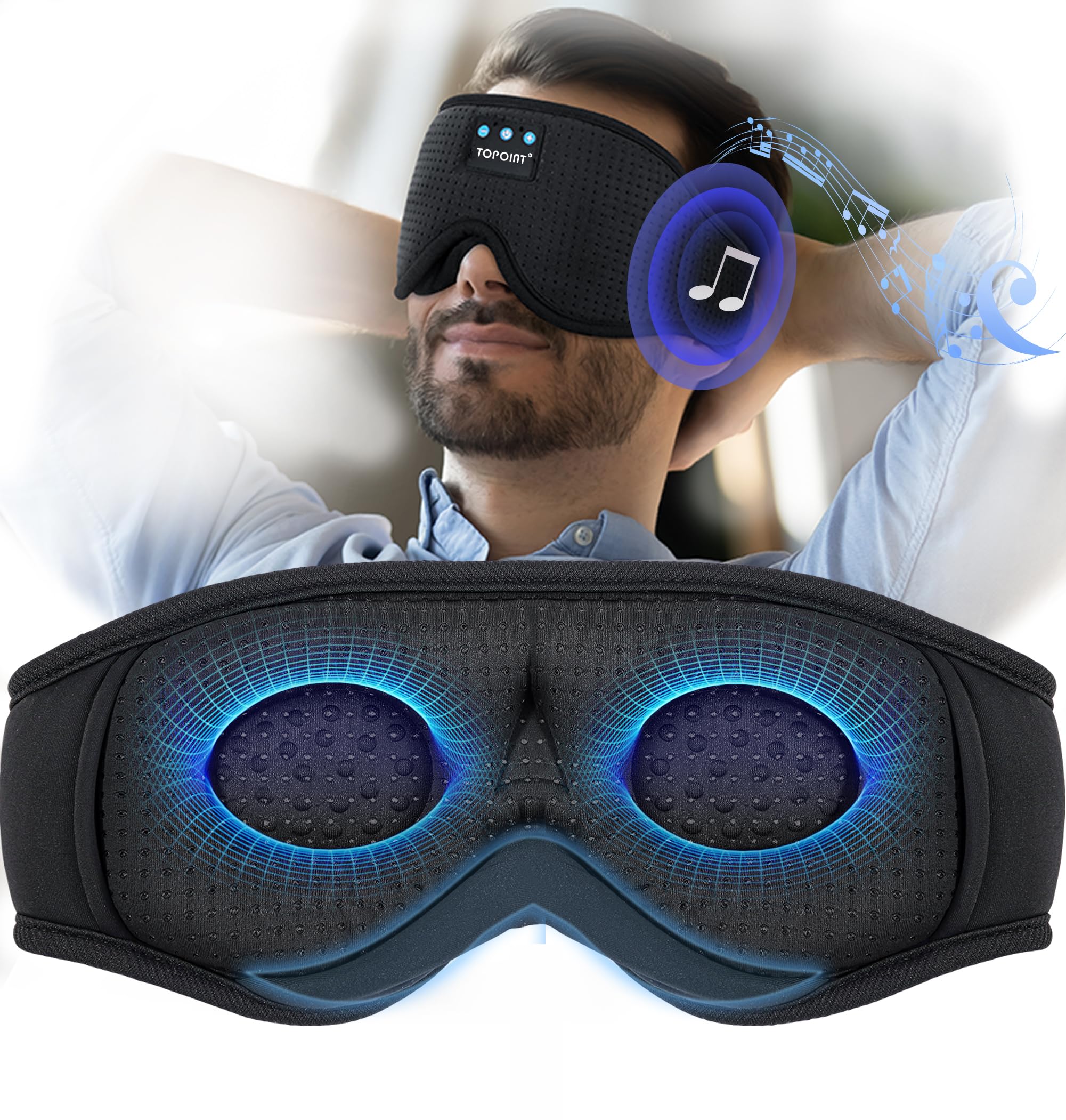 Photo 1 of Sleep Mask with Bluetooth Headphones Wireless, TOPOINT 3D Eye Mask for Sleeping Headphones Women Men with Noise Canceling Earbuds, Thin Speaker, Blackout, 15 Hours for Travel, Meditation, CPAP Users