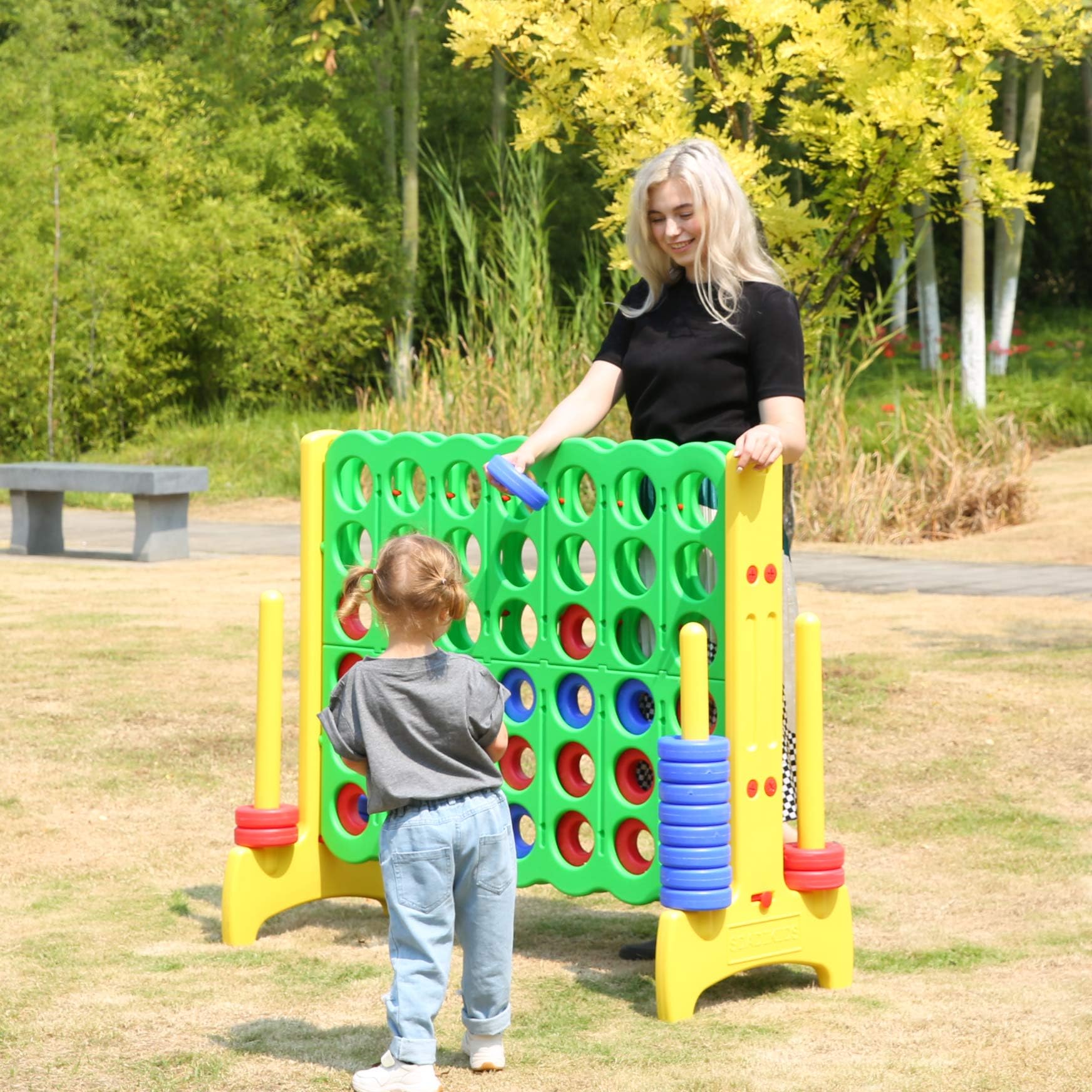 UNICOO - Giant 4 in a Row Game, Jumbo 4-to-Score Giant Game Set, Backyard Games for Kids, Indoor or Outdoor Game, Adult and Family Fun Game, 4 Ft Tall with Carry and Storage Bag – Red and Blue