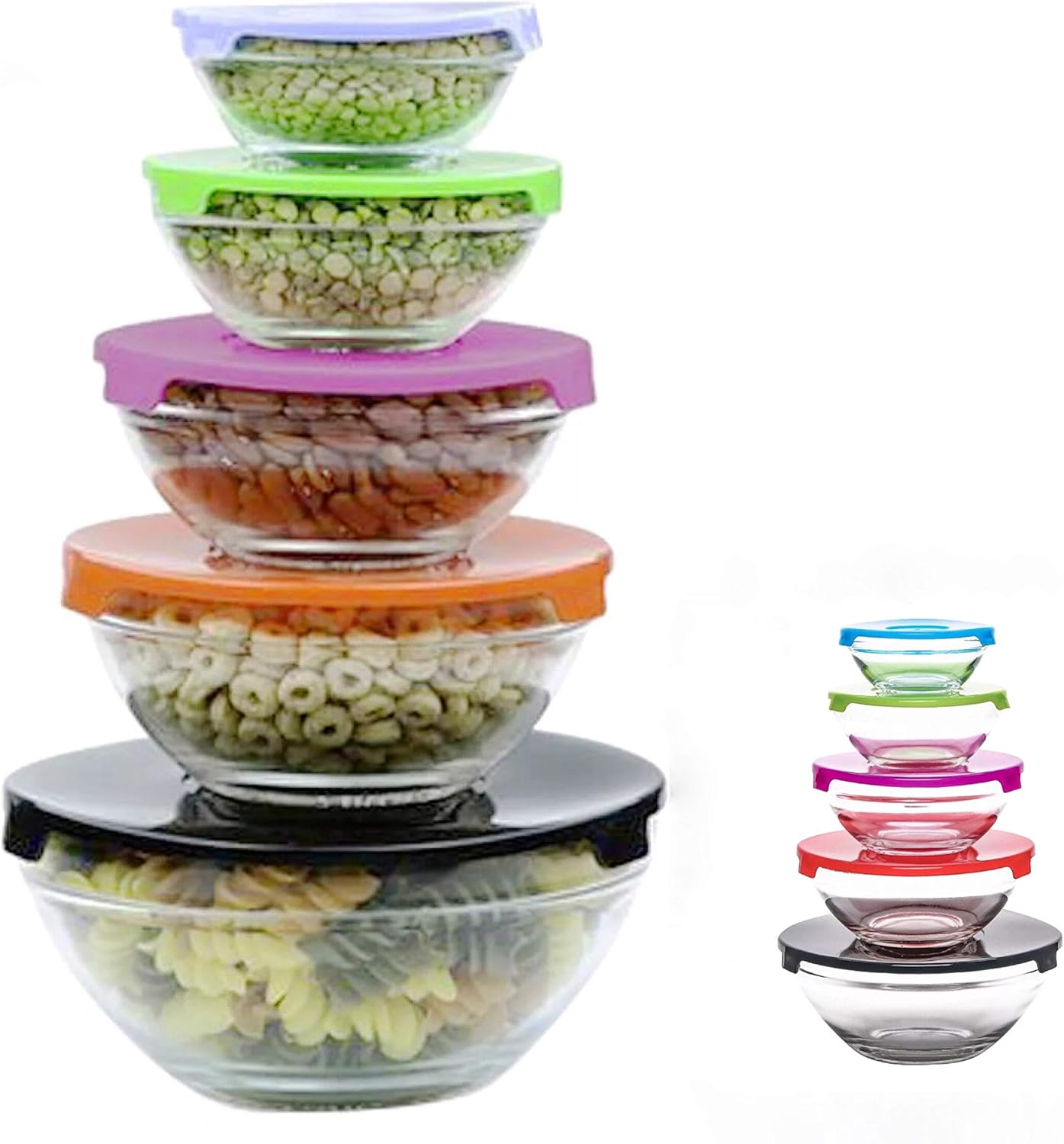 ADEPTNA MultiColour 5pcs Glass Food Storage Bowls with Lids
