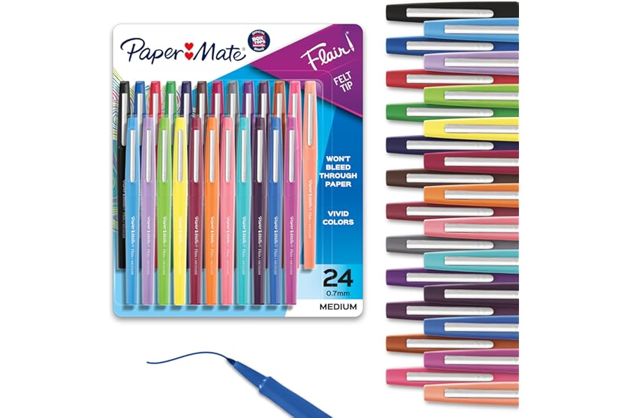 Paper Mate Felt Tip Pens, Flair Marker Pens, Medium Point, Assorted, 24 Count - Home, Office, Back to School, Teacher Supplies