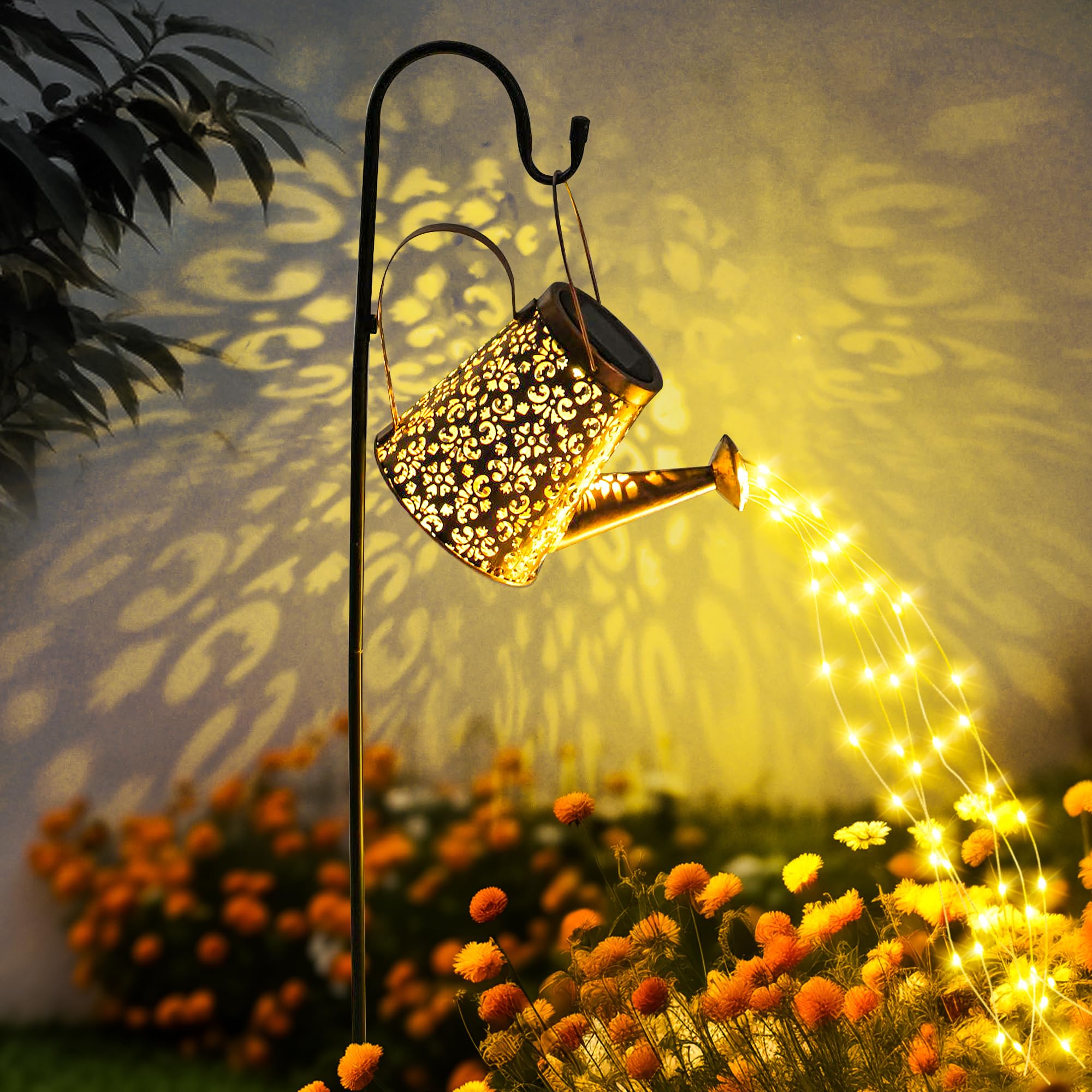 GIGALUMI Solar Watering Can Lights Outdoor Garden, Waterproof Metal Water Can Ornaments with String Lights, Solar Hanging Lantern with Bracket for Yard Lawn Pathway Patio (Small Flower) — image 1