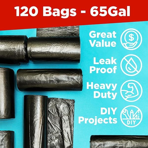 TOUGHBAG 65 GALLON TRASH BAGS (120 COUNT) – 50X48″ LARGE BLACK GARBAGE CAN LINERS – MADE IN USA