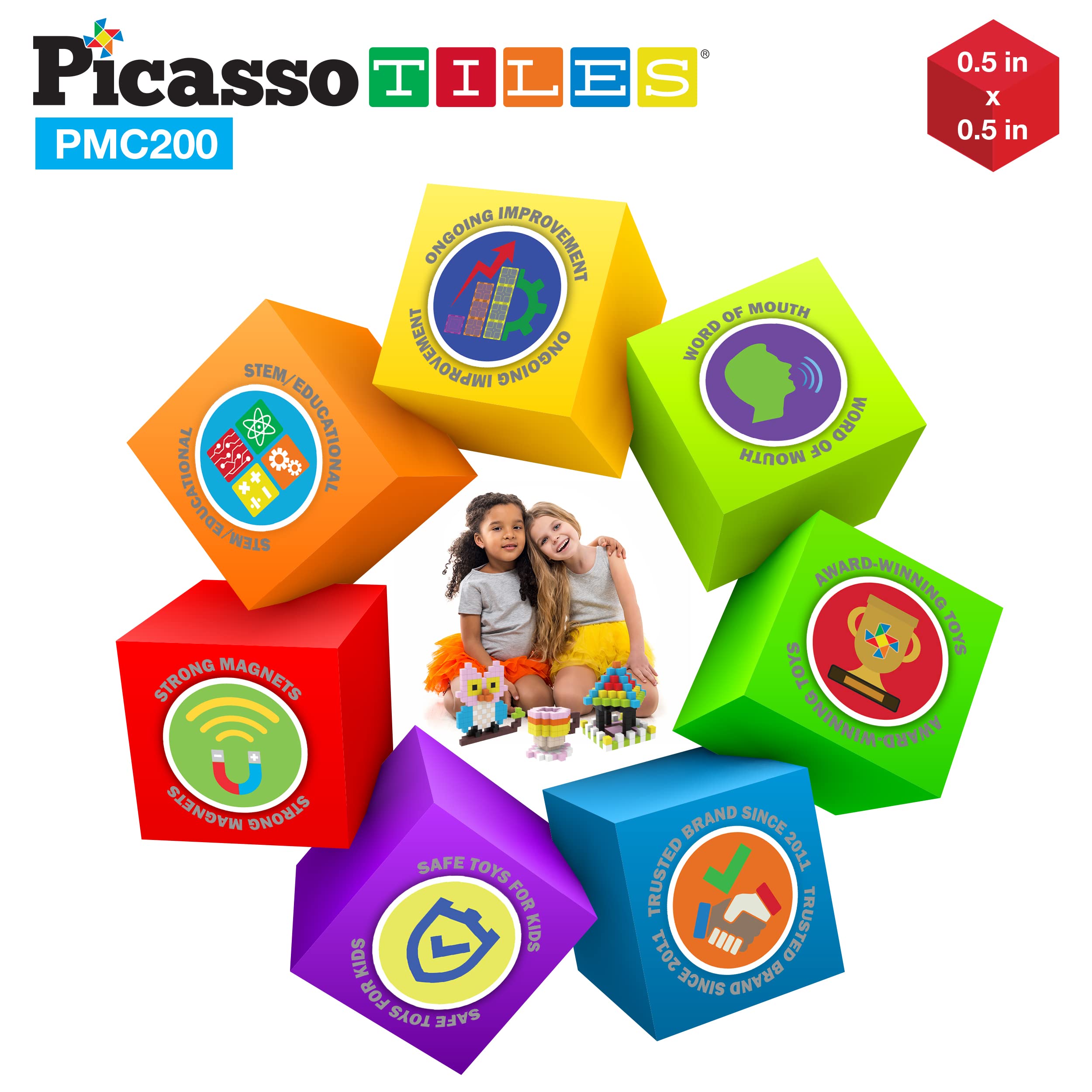 Picasso Cubes 0.5” Pixel Magnetic Puzzle Cube 200 Piece Mix & Match Sensory Toys STEAM Education Learning Building Block Magnets Children Construction Toy Set Stacking Magnet Creative Kit PMC200
