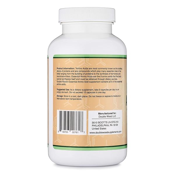 ESSENTIAL AMINO ACIDS – 1 GRAM PER SERVING POWDER BLEND OF ALL 9 ESSENTIAL AMINOS (EAA) AND ALL BRANCHED-CHAIN AMINOS (BCAAS) (LEUCINE, ISOLEUCINE, VALINE) 225 CAPSULES, GLUTEN FREE BY DOUBLE WOOD