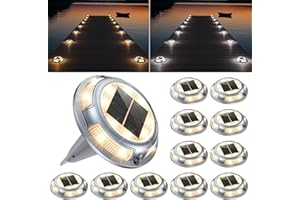 UGDLUCK Solar Deck Lights,12 Pack Driveway Dock Light 2 Colors in 1 Solar Powered Lights Outdoor IP68 Waterproof Driveway Marker for Warning Step/Garden/Sidewalk/Pathway/Yard (Warm White & Cool White)