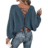 RoseSeek Women's Off Shoulder Lace Up Open Back Sweaters Long Sleeve Loose Pullovers Casual Knit Fall Tops