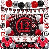 12th Birthday Decorations for Boys Girls, Red Black Happy 12th Birthday Decorations, 12 Birthday Backdrop Banner Tablecloth Triangle Flag Balloons, 12 Year Old Boy Girl Bday Party Supplies
