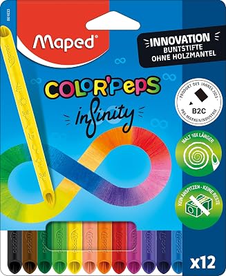 - Crayons de couleur Color'Peps Infinity - Mine 100% colorée, 100% utilisable - Zéro déchet - Pas de taille-crayon - Très durable - Forme triangulaire ergonomique - Lot de 12 crayons