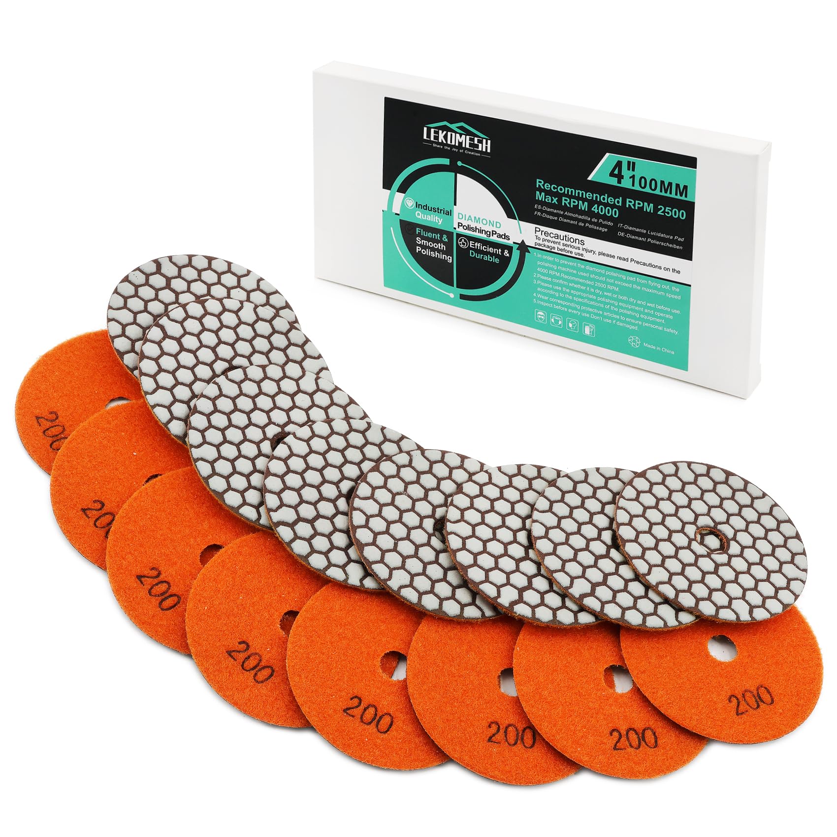 Diamond Dry Polishing Pad LEKOMESH - 8pcs 4 Inch(100MM) #200 Dry Polishing Wheel Set for Granite Marble Artificial Stone Quartz,Polishing Pad for Grinder or Polisher