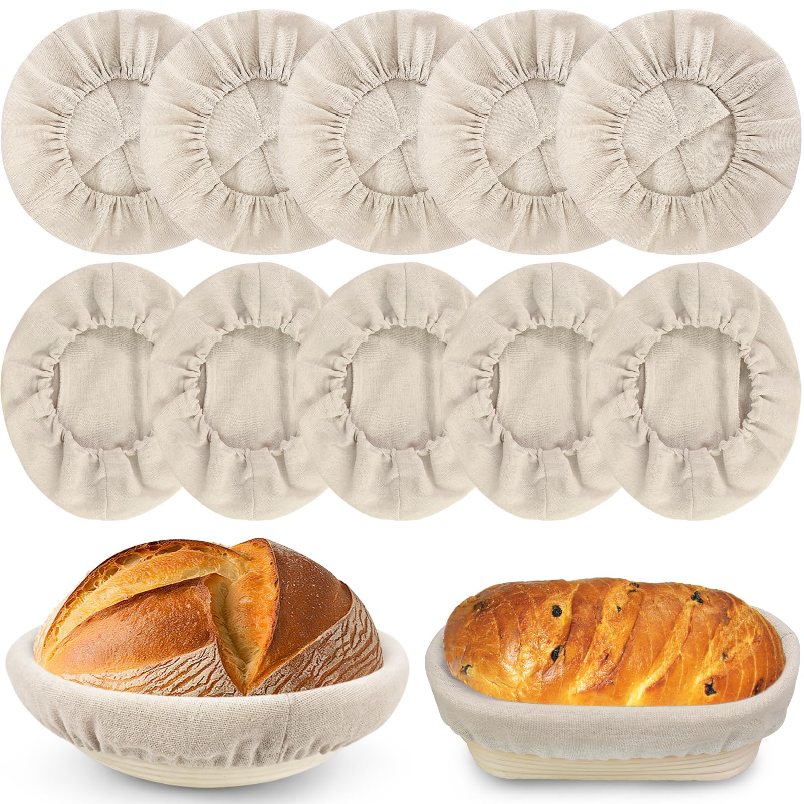 Photo 1 of 10 PC Bread Proofing Cloth Covers – 5 Oval 10" & 5 Round 9" Reusable Banneton Liners – Sourdough Basket Fabric Covers for Dough Fermentation – Natural Unbleached Cotton – Fits Most Proofing Baskets