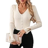 Libsorge Womens Slim Dressy Pearl Lace Ruffle Sweater Fall 2025 Business Casual Outfits V Neck Ribbed Knit Tunic Tops