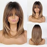 HAIRCUBE Ombre Brown Wigs for Women Shoulder Length Wigs Charming Long Curly Wigs with Bangs Daily Use