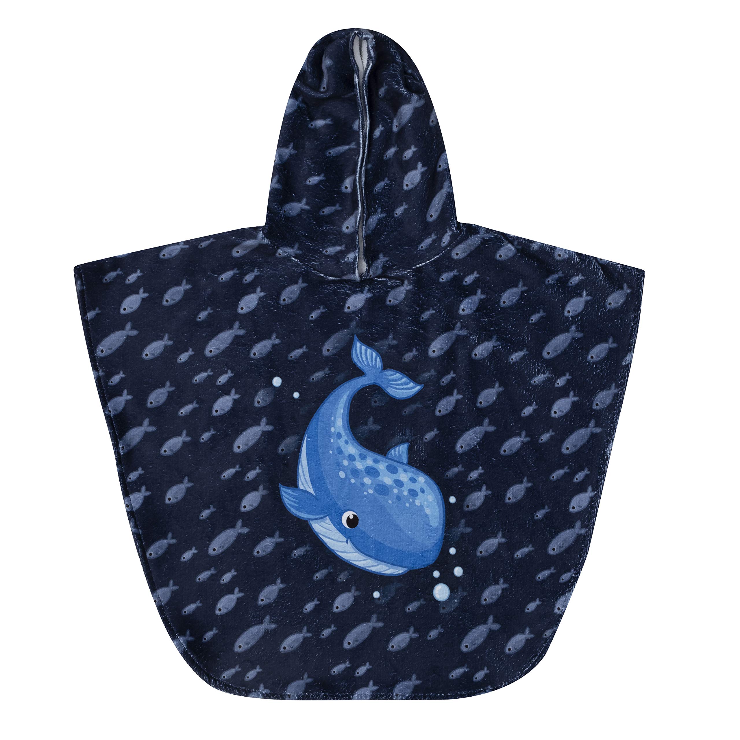 Kids’ Poncho Towel with Hood, Bath and Beach Towel, Navy with Fish, for Girls and Boys, Soft Warm Drying, 70 x 50 cm