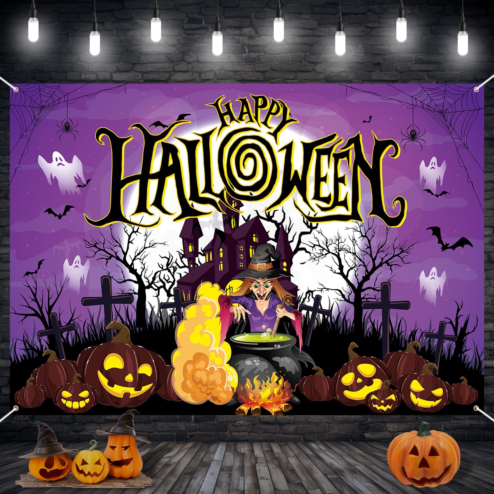 Happy Halloween Banner, Large Purple Vintage Scary Witch Spooky Backdrop Banner with Medicine Jar Tomb Castle Sign, Evil Witch banner for Halloween Indoor Outdoor Party Wall Background Decorations