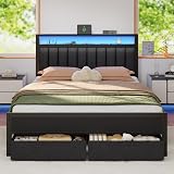 Furnulem Queen Bed Frame with Charging Station and LED Lights, Grey Upholstered Headboard with Shelves, Metal Platform Bed with 2 Under-Bed Storage (Fabric Drawer on Wheels), No Box Spring Needed