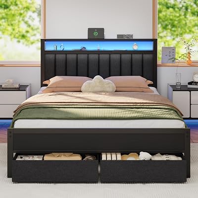 Furnulem Queen Bed Frame with Charging Station and LED Lights, Grey Upholstered Headboard with Shelves, Metal Platform Bed with 2 Under-Bed Storage (Fabric Drawer on Wheels), No Box Spring Needed