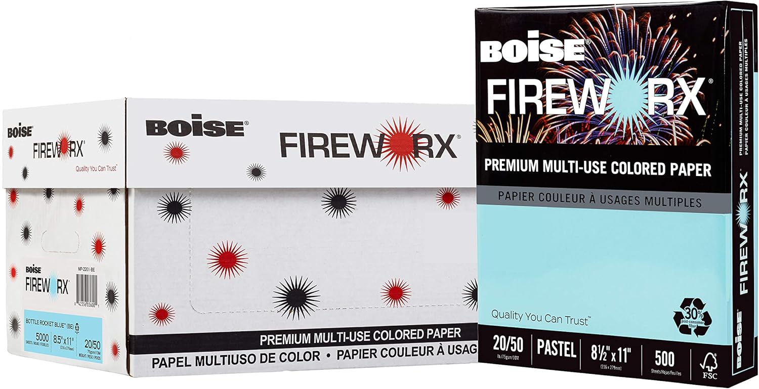 BOISE FIREWORX Premium Multi-Use Colored Paper, 8.5" x 11" Letter, Bottle-Rocket Blue, 20 lb., 10 Ream Carton (5,000 Sheets)