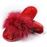 Fur Story Women's Furry Slippers Open Toe Fuzzy Slippers Memory Foam Fluffy House Sandal