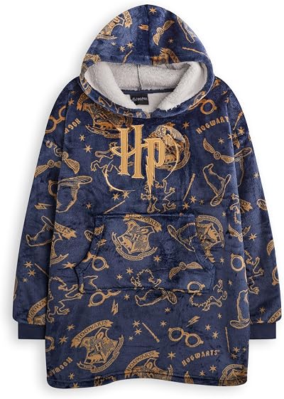 Harry Potter Girls Wearable Blanket Hoodie Navy Hogwarts Logo Print Kids Sherpa