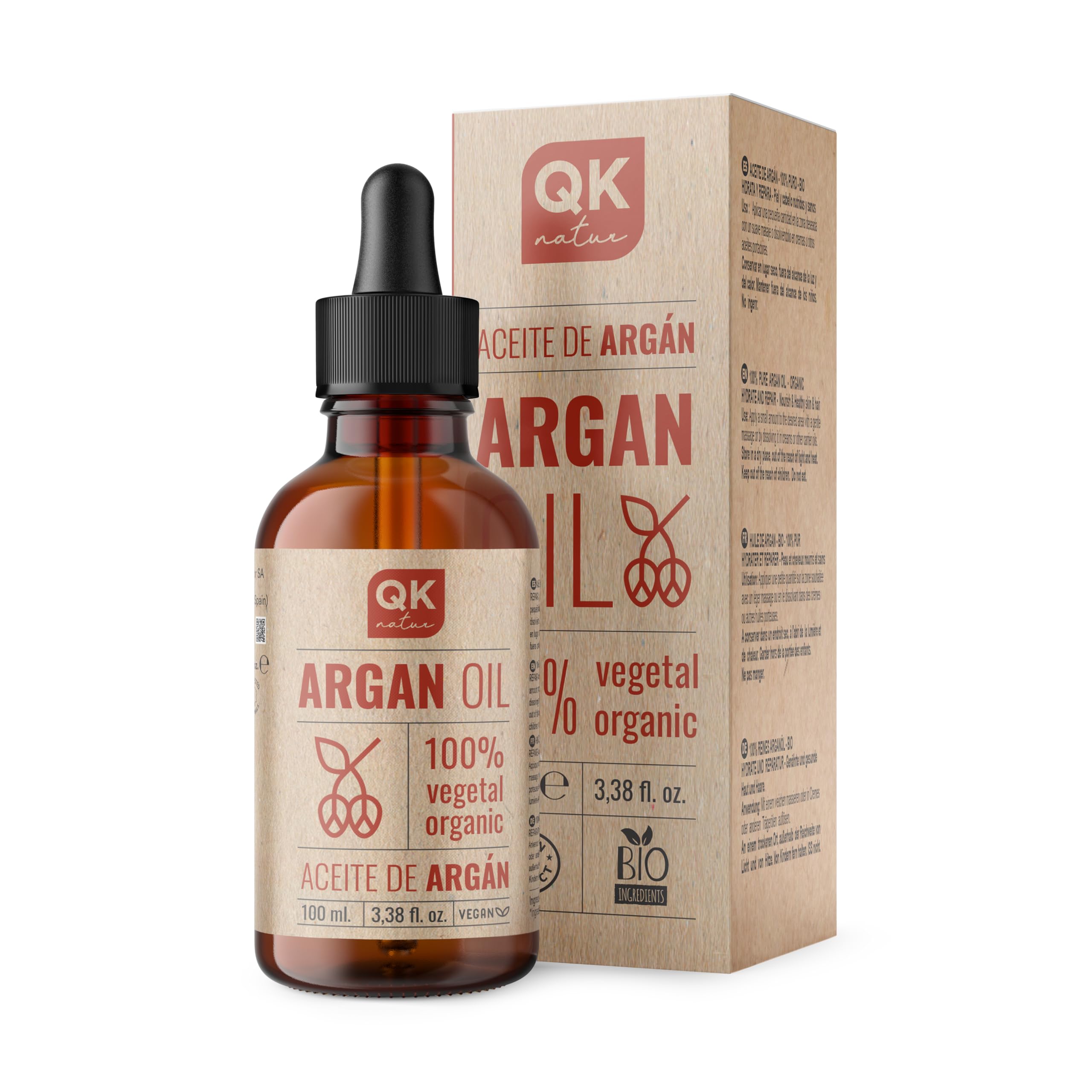 ARGAN - 100% Pure Organic Vegan ARGAN Oil - 100 ml - Cold Pressed - BIO - for Body, Face, Hair, Nails and Beard - Glass Bottle