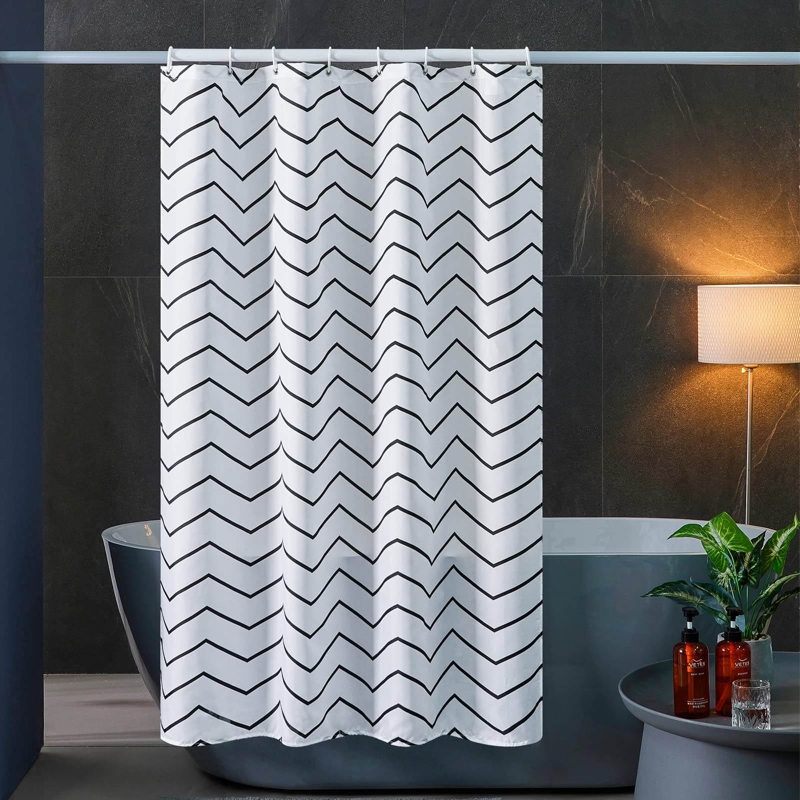 Furlinic Extra Long Zig Zag White Shower Curtain with Hooks 100% Polyester Bathroom Shower Curtain Waterproof 200 x 200cm Strips With 12 PCS Plastic Hooks 78 x 78 Inch.