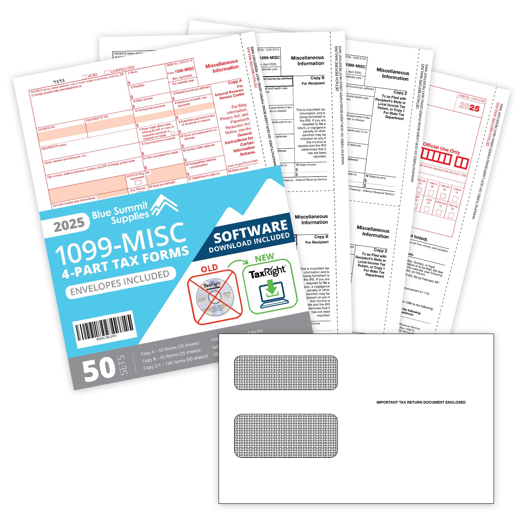 Photo 1 of 2025 1099 MISC Forms with TaxRight Software (Formerly Known as TFP), 50 Vendor Kit of Laser Forms, Designed for QuickBooks, TaxRight Download and 50 Self Seal Envelopes Included