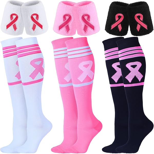 5-Pair Breast Cancer Awareness Compression Socks - Pink Ribbon Over-the-Calf