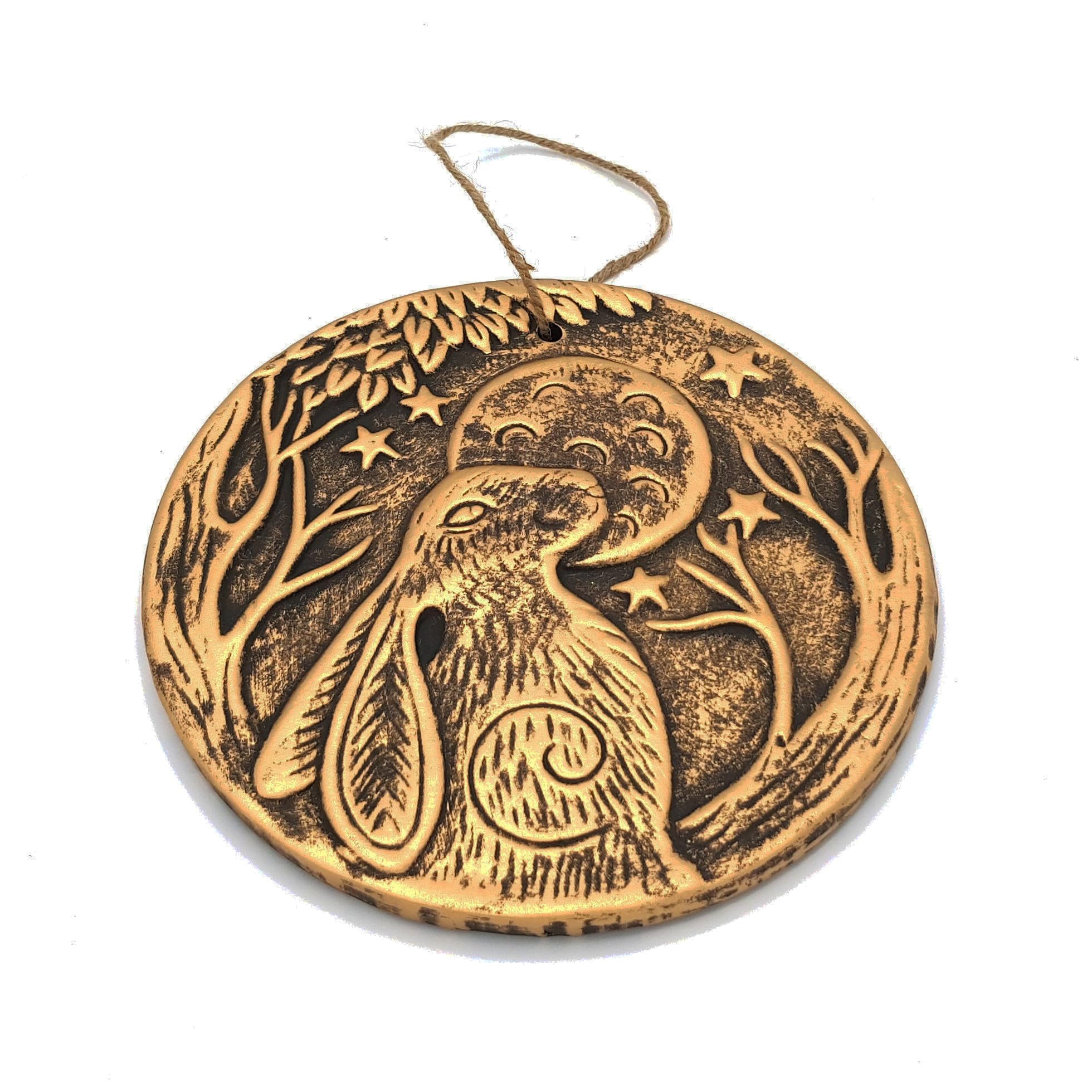 Stunning Copper-Finished Circular Terracotta Plaque - 20cm x 20.5cm (1 Pc) - "Moon Gazing Hare" Design - Perfect for Indoor & Outdoor Display, Brown