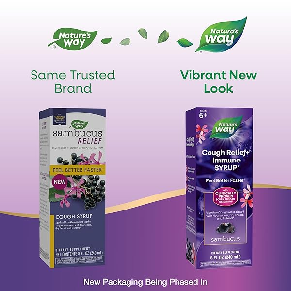 NATURE’S WAY SAMBUCUS COUGH RELIEF +(1) IMMUNE SYRUP*, FEEL BETTER FASTER(1), CLINICALLY PROVEN SOUTH AFRICAN GERANIUM, WITH ELDERBERRY EXTRACT, VITAMIN C & ZINC, 8 OZ (PACKAGING MAY VARY)