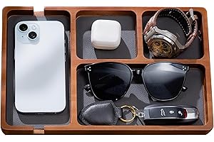 Shinpuru Wooden Valet Tray with Leather Inlay - Nightstand & Desk Organizer - EDC Essentials Catchall Tray for Keys, Phone, W