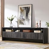 AMERLIFE 70" Modern Curved TV Stand with Storage for TVs Up to 80" | 2 Storage Cabinets, 3 Open Cubbies, Wood Grain Finish， Minimalist Media Console, Rounded Edges, for Living Room, Black