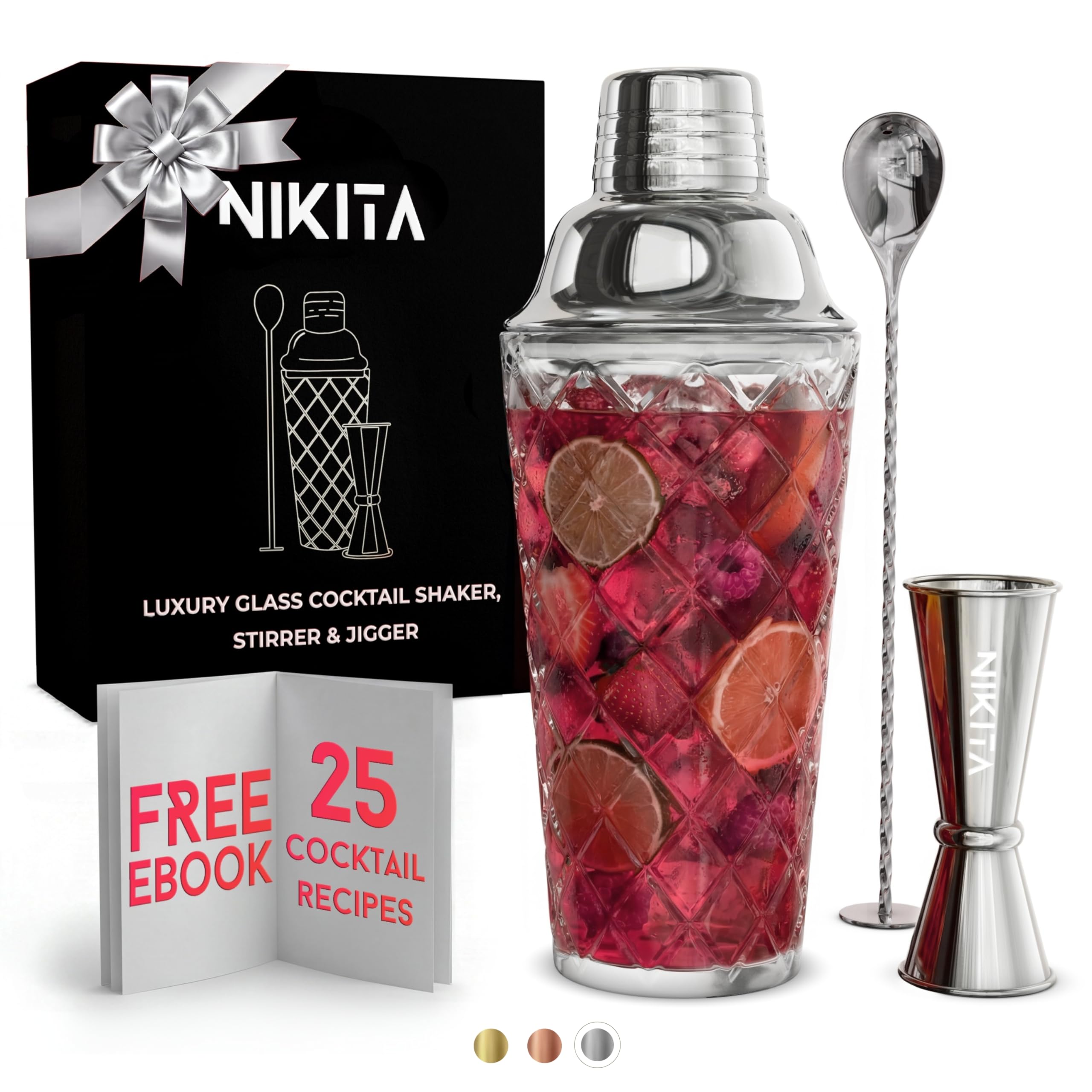 Glass Cocktail Shaker Set - 5 Piece - Silver Martini Shaker Set with Strainer, Jigger, Spoon & Muddler - 450ml Drink Shakers Cocktail for Home Bar & Drink Trolley Décor