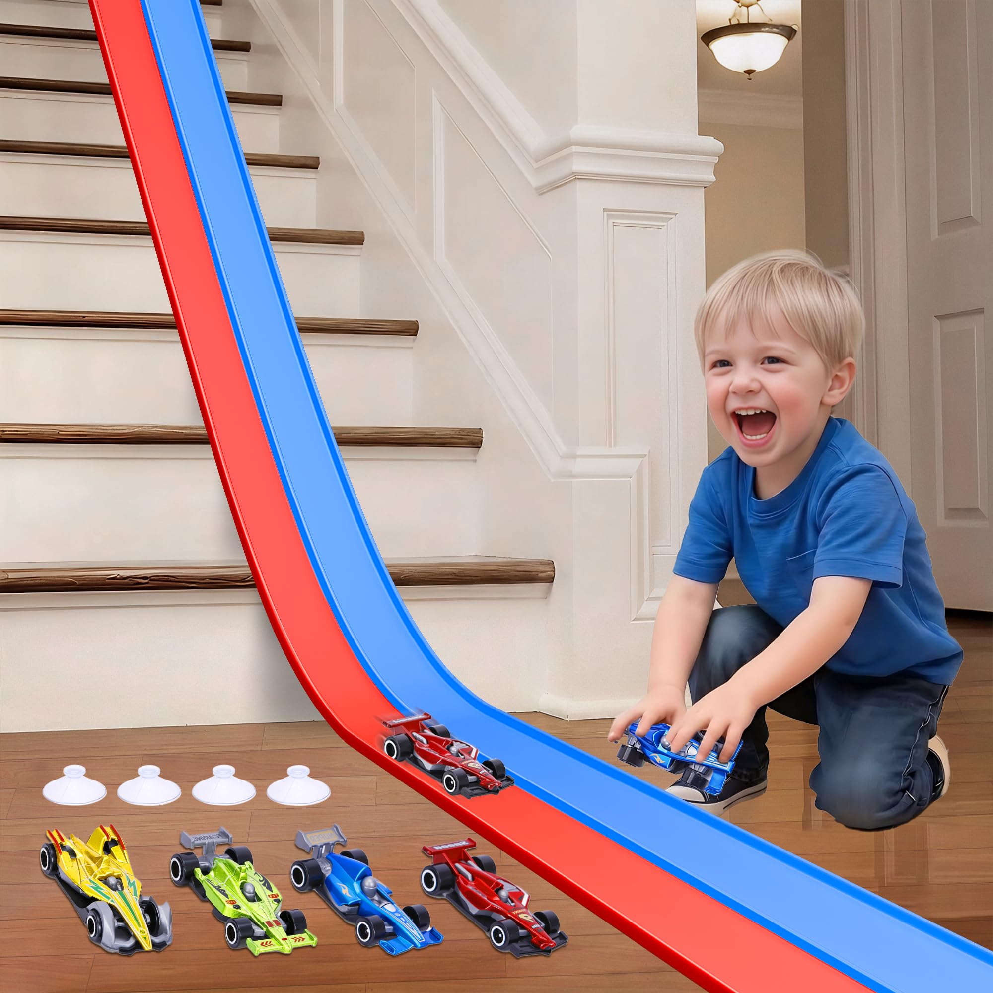 Photo 1 of 15 Ft Flexible Race Car Track for Kids, Double-Sided Racetrack with Suction Cups, Race Car Ramp Track & Compatible 1:64 Diecast Cars,Portable Roll Up Track Toy,Gift for Boys Girls Ages 3-5 5-7