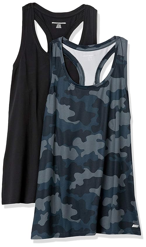 Amazon Essentials Women's Active Quick Dry Tech Stretch Racerback Tank Top (Available in Plus Size), Pack of 2, Black/Grey Camo, Small