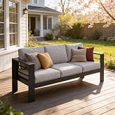 Kiss the Water 3 Seats Aluminum Outdoor Patio Sofa Set, All Weather Rust-Proof Metal Patio Couch, Modern Outdoor Furniture for Backyard Porch Garden, 5" Thick Waterproof Olefin Cushions, Light Grey