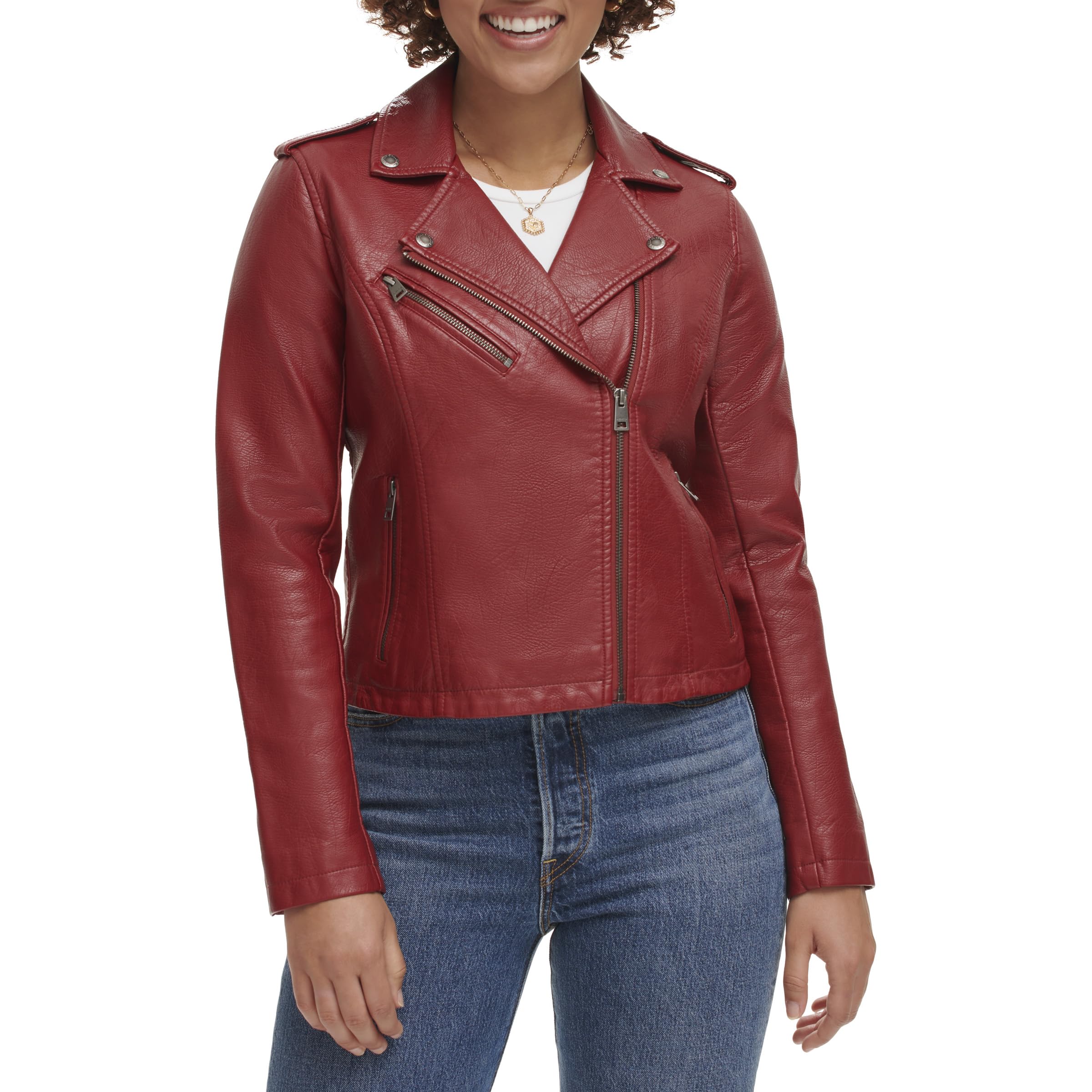 Levi's Ladies Outerwear Women's Faux Leather Classic Asymmetrical Motorcycle Jacket, Deep Red, 2X Image