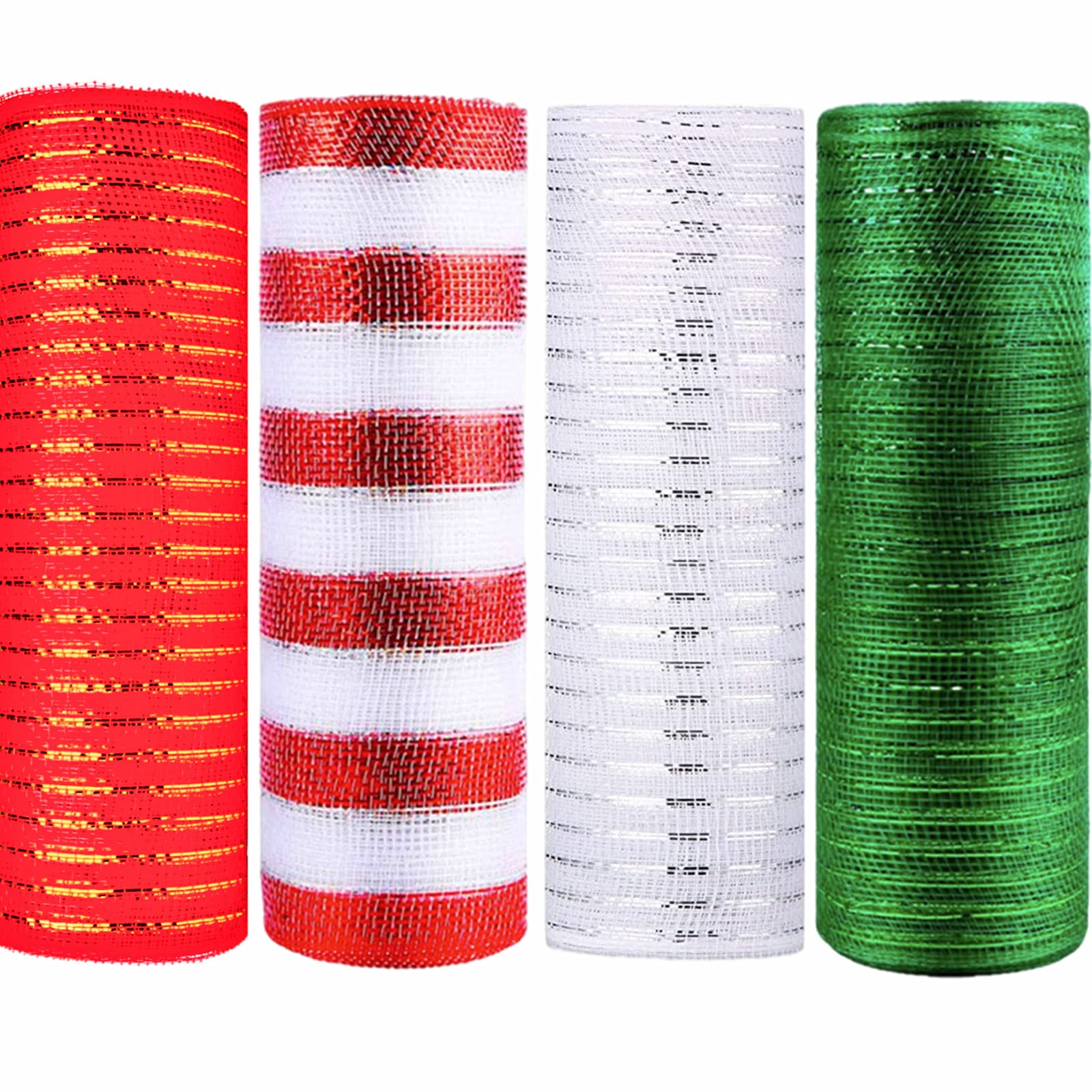 4 Rolls 10 inch x 10 Yards Christmas Deco Mesh Rolls for Wreath Making White Stripe Green Red Xmas Poly Ribbon Christmas Mesh Ribbon Rolls for Xmas Wreath Garland Crafting Tree Decorations