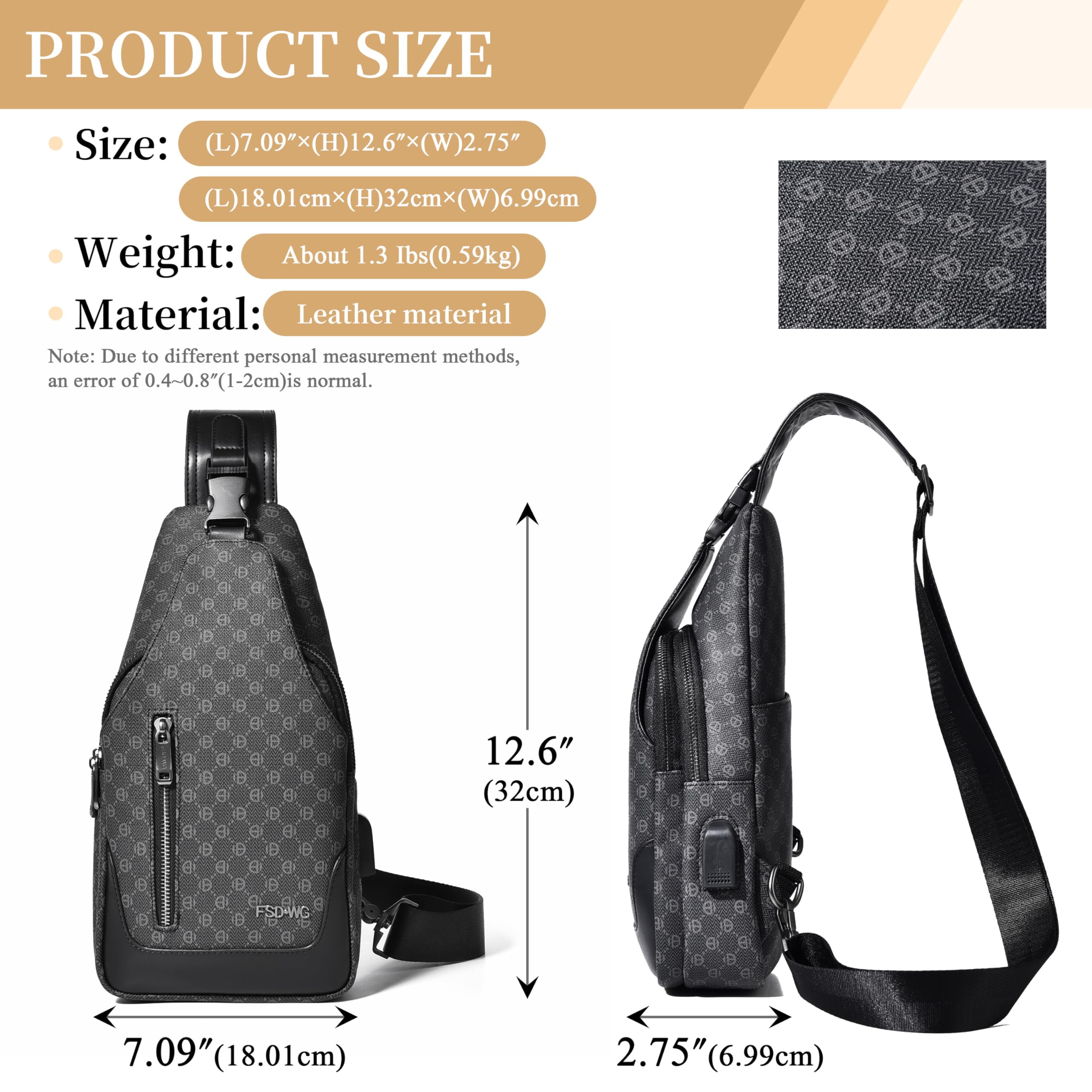 FSD WG Herren-Rucksack mit Umhängegurt – Brusttasche mit Umhängegurt, Umhängetasche für Reisen, Wandern, wasserabweisend, Schwarz , L 6