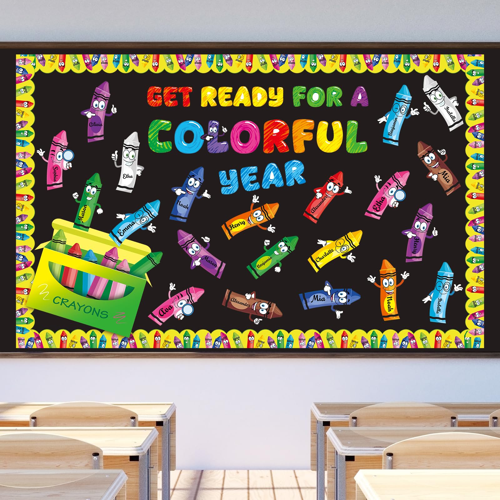 Photo 1 of 64Pcs Welcome Back to School Bulletin Board,First Day of School Crayon Theme Classroom Bulletin Board Set for Classroom Chalkboard Wall Decorations