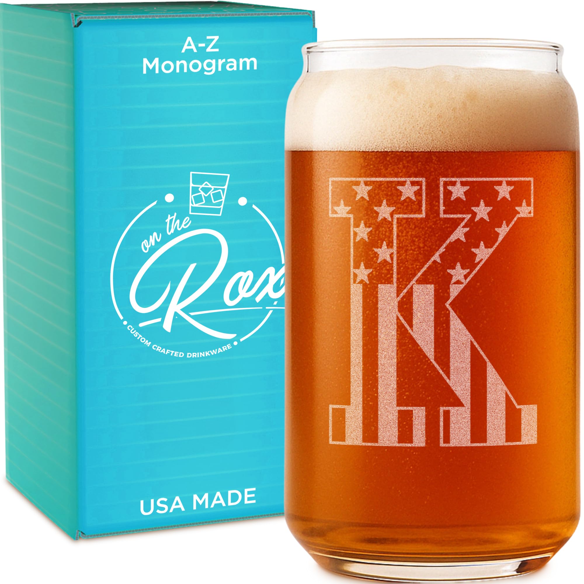 Monogram Beer Glasses for Men (A-Z) 16 oz - Beer Gifts for Men Brother Son Dad Neighbor - Unique Gifts for Him - Personalized Drinking Gift Beer Glass Mugs - Engraved Beer Can Glass (K)
