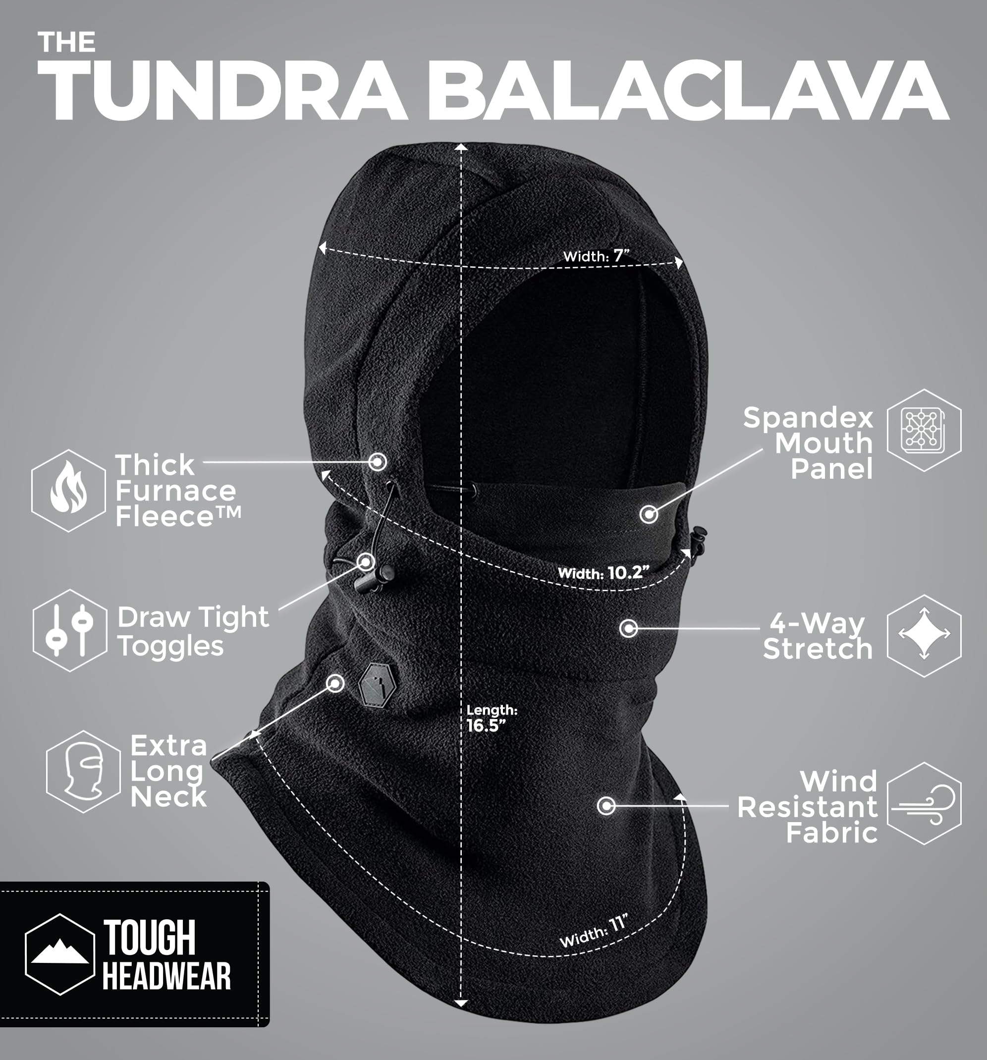 Tough Headwear Fleece Balaclava Ski Mask - Windproof Face Covering - Ski Mask for Cold Weather Gear - Winter Accessories