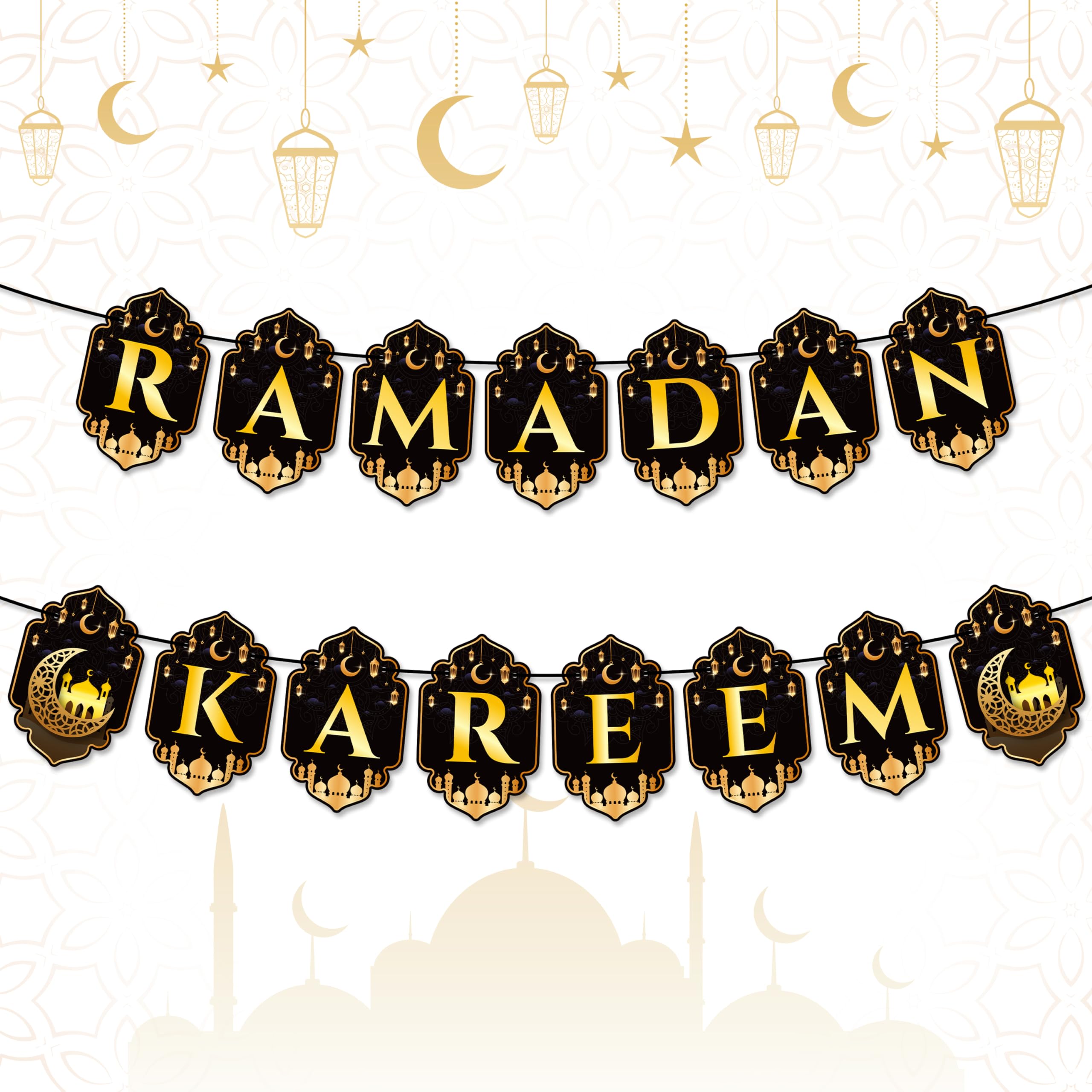 WATINC Ramadan Mubarak Party Decorations - 2PCS Eid Mubarak Backdrop Banner Ramadan Mubarak Bunting Banner Prety Hanging Decoration for Garden Table Wall Muslim Ramadan Party Supplies Decoration