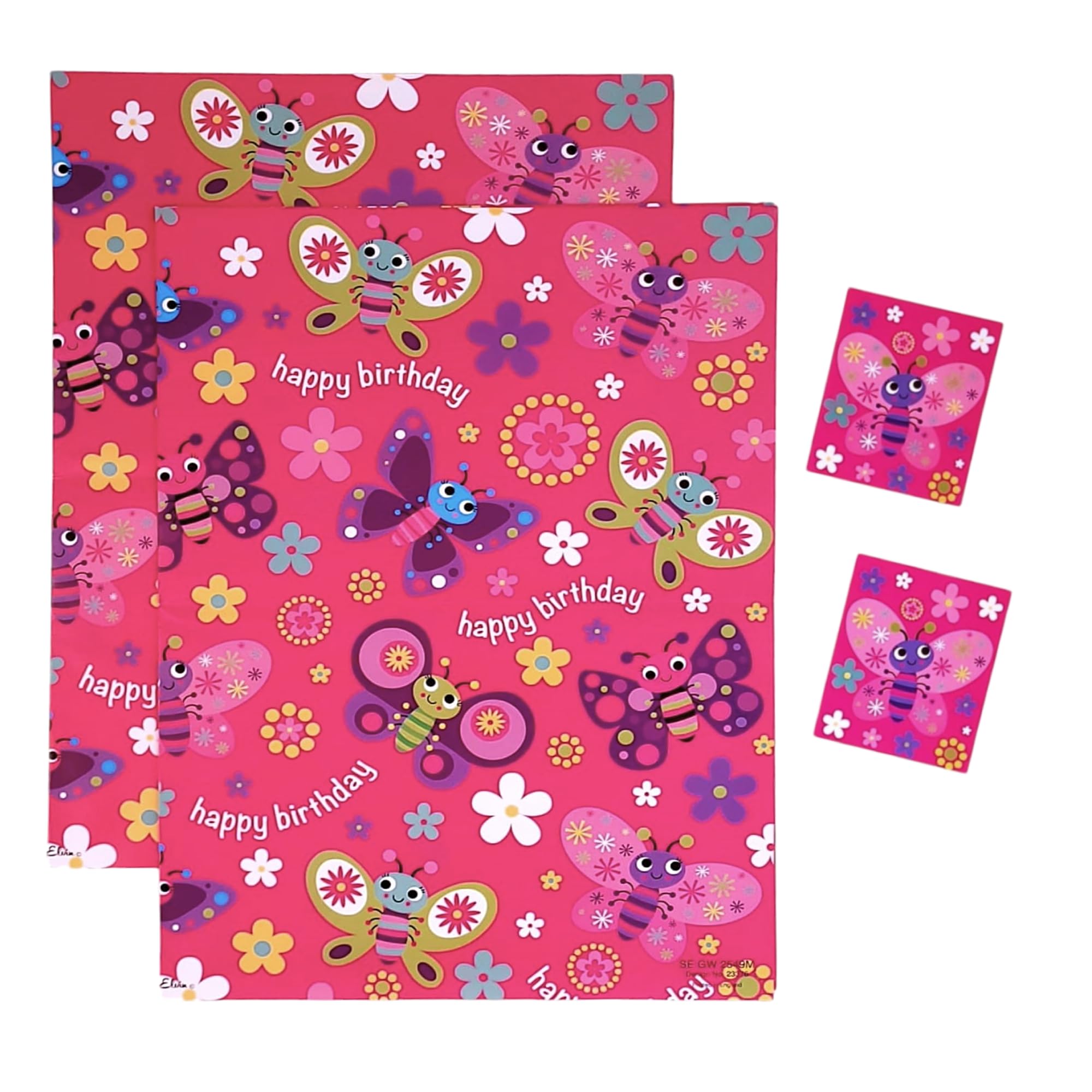 Butterflies Happy Birthday Gift Wrap Pack, 2 Sheets Wrapping Paper, 2 Tags,