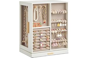 SONGMICS Jewelry Box 360° Rotating, Jewelry Storage Case with 5 Drawers, Jewelry Organizer, Glass Window, Spacious, Vertical Jewelry Storage, Open Design, Christmas Gift, Cloud White UJBC170W01