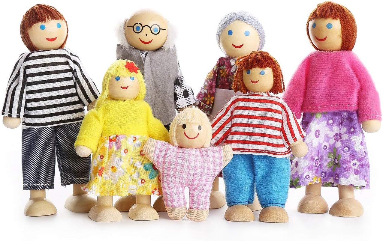 Dolls Family Wooden Dolls Playset Wooden Figures Set of 7-Piece People for Children House Pretend Gift
